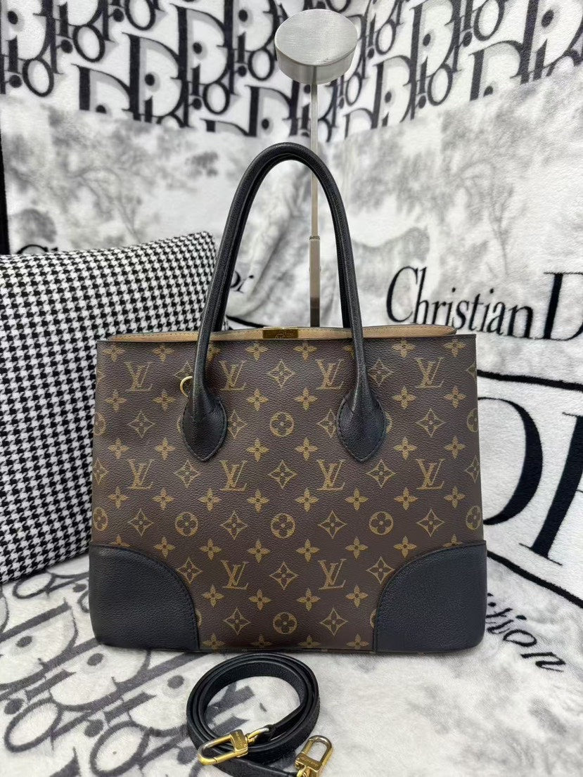Louis Vuitton Monogram Canvas Black Leather Tote Bag Medium - Handbags