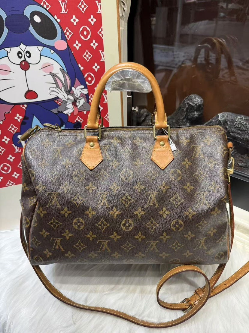 Louis Vuitton Speedy 35 Brown Monogram Canvas Tote with Strap - Handbags