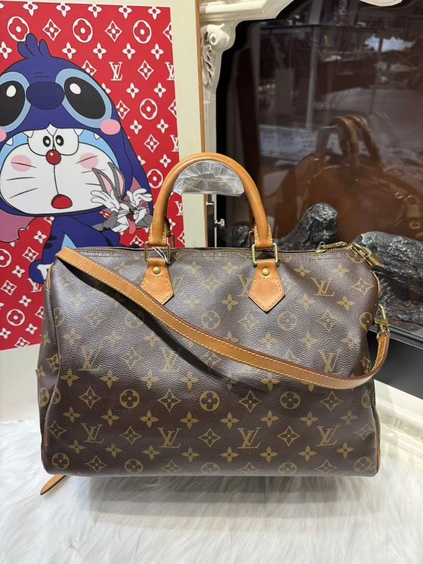 Louis Vuitton Speedy 35 Brown Monogram Canvas Tote with Strap - Handbags