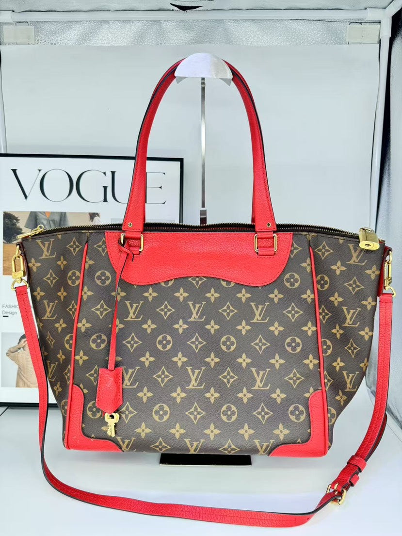Louis Vuitton Monogram Canvas Red Leather Tote Bag Medium - Handbags