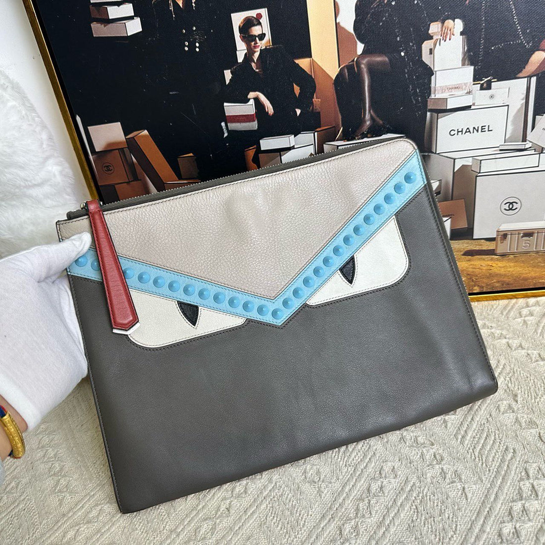 Fendi  Bug Eyes Clutch in Grey Leather - Handbags, Wallets & Cases