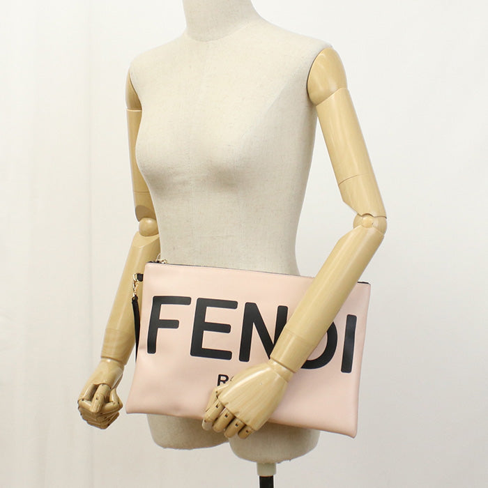 FENDI 8N0178 Fendi Rome logo AEHR Large Flat Pouch Clutch bag leather pink Women - Handbags, Wallets & Cases