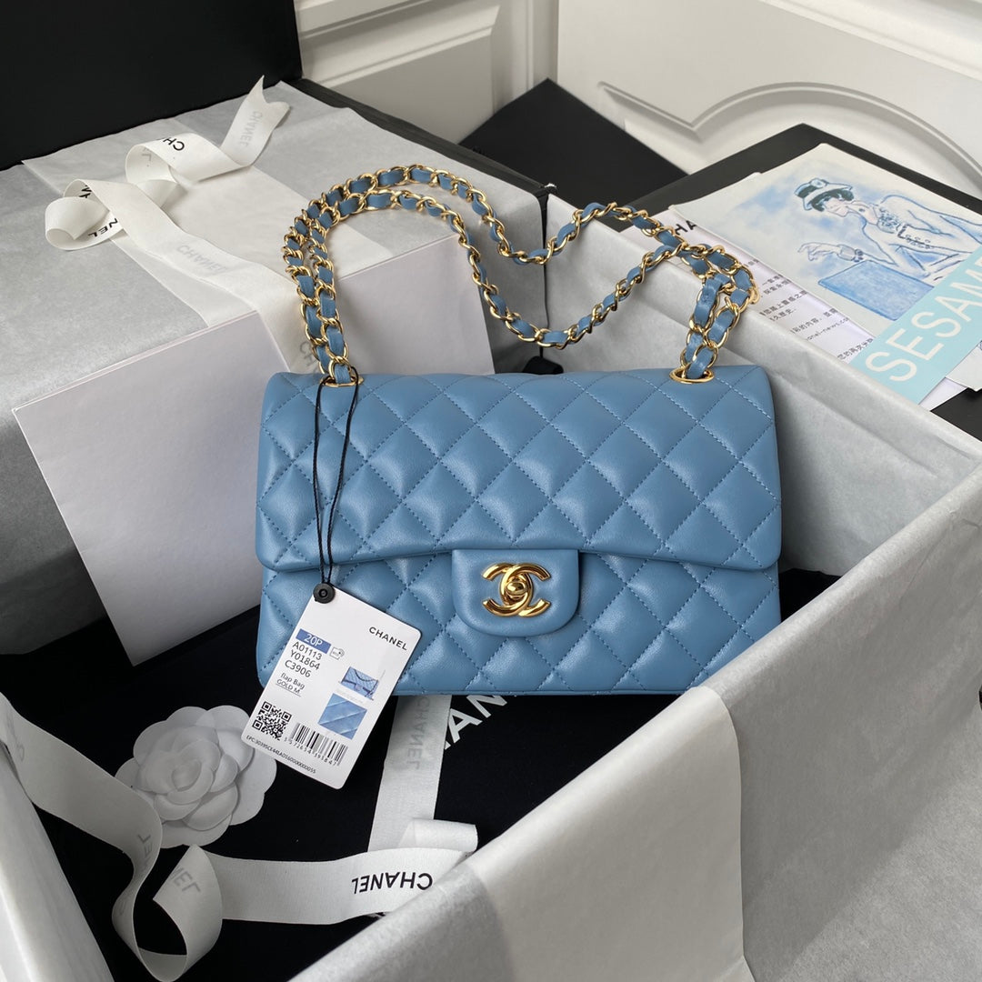 CHANEL Medium Classic Flap Bag 23cm Blue Lambskin Gold Hardware - bag