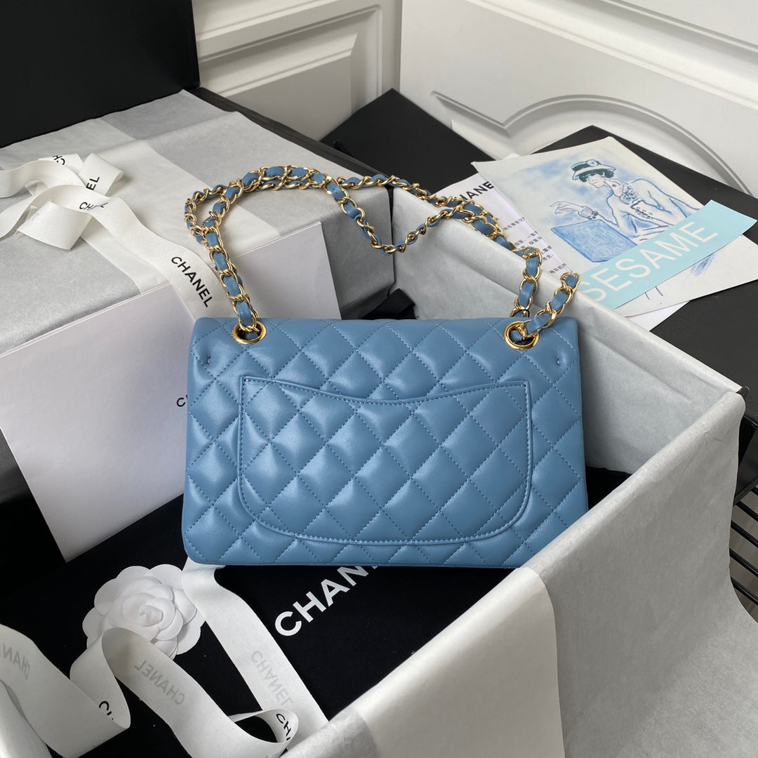 CHANEL Medium Classic Flap Bag 23cm Blue Lambskin Gold Hardware - bag