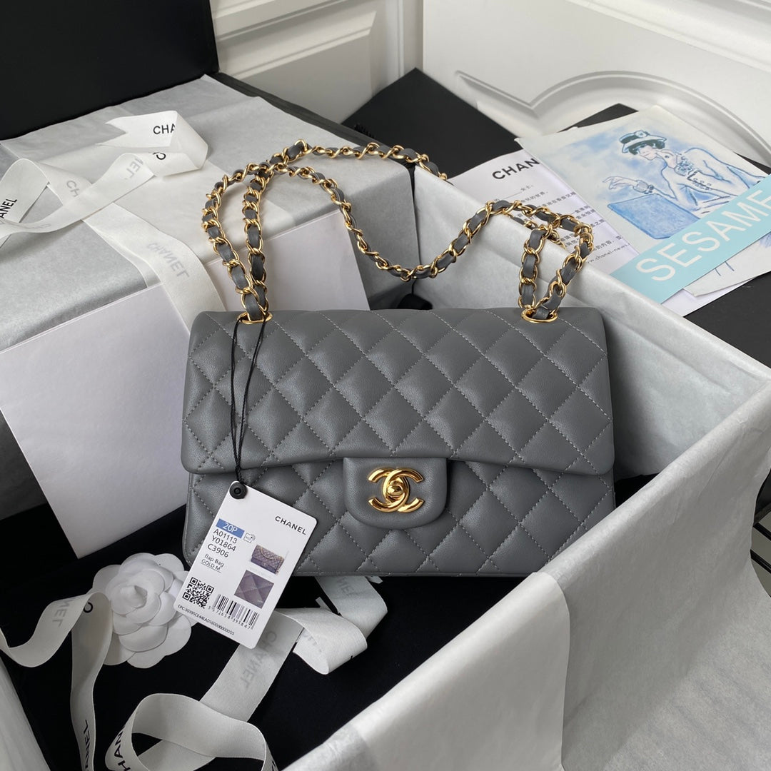 CHANEL Medium Classic Flap Bag 23cm Grey Lambskin Gold Hardware - bag