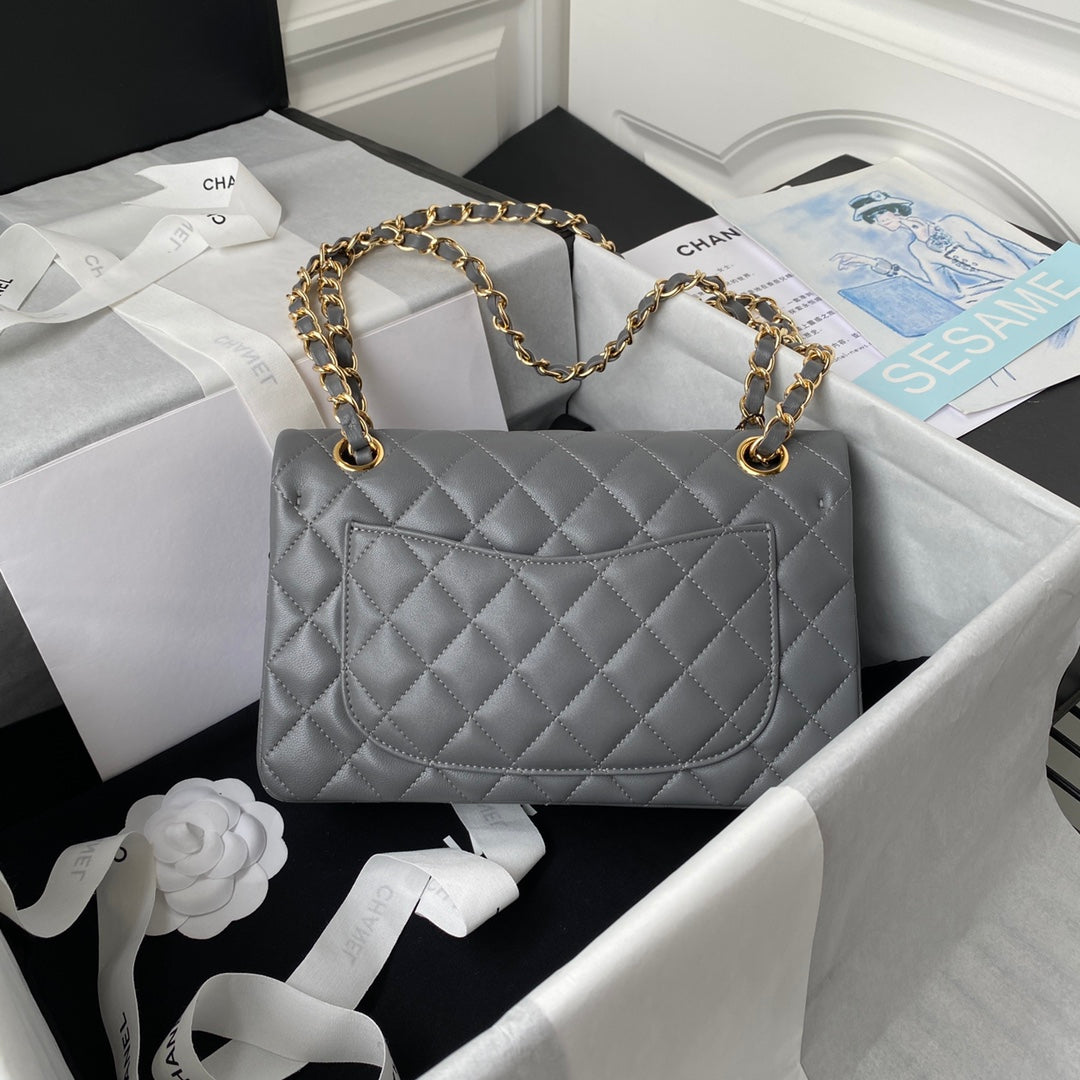 CHANEL Medium Classic Flap Bag 23cm Grey Lambskin Gold Hardware - bag