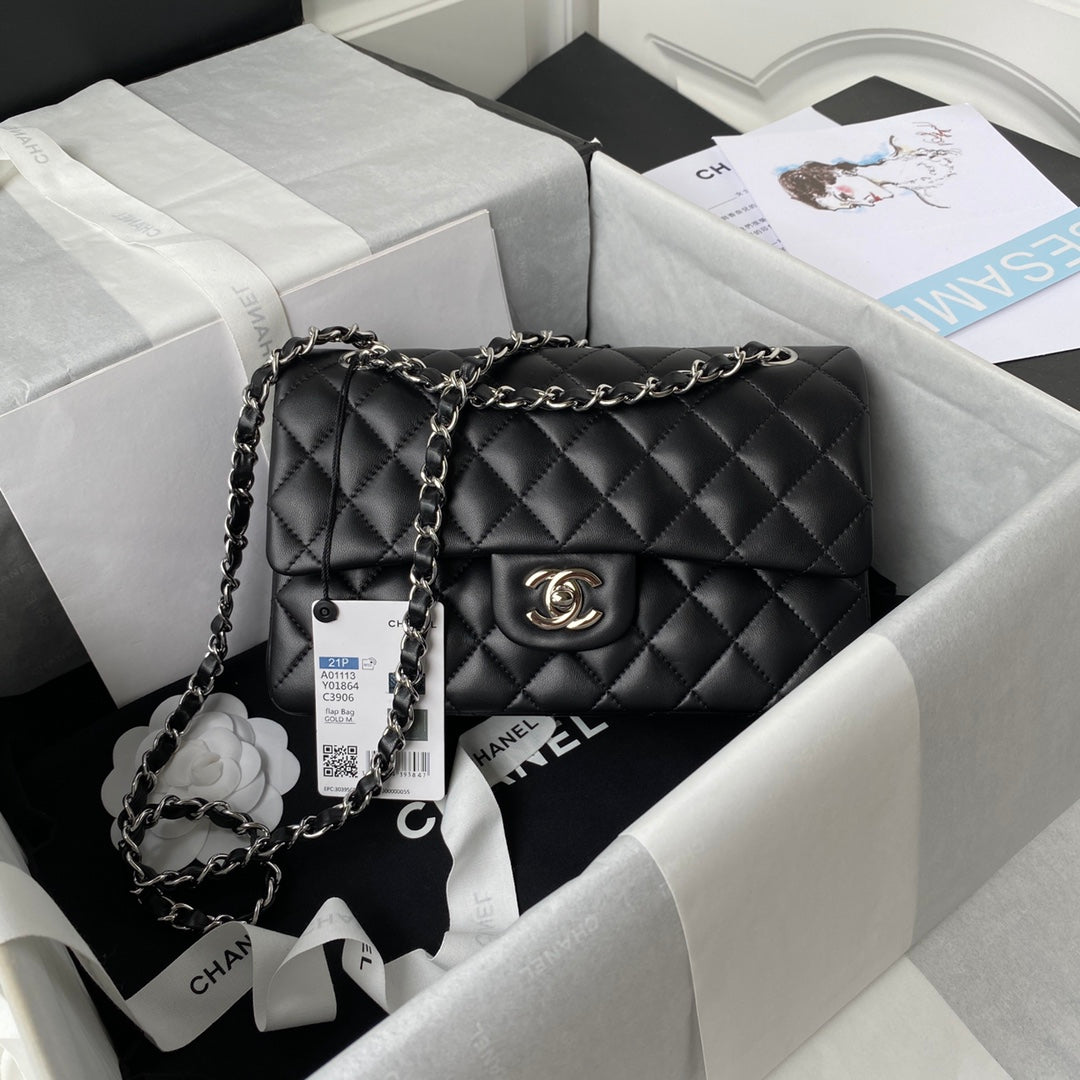 CHANEL Medium Classic Flap Bag 23cm Black Lambskin Silver Hardware - bag