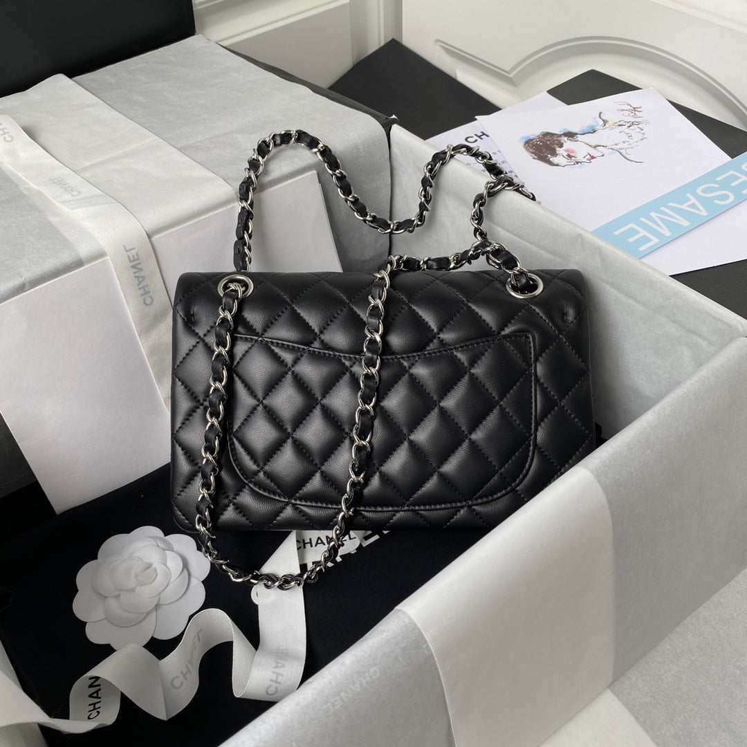CHANEL Medium Classic Flap Bag 23cm Black Lambskin Silver Hardware - bag