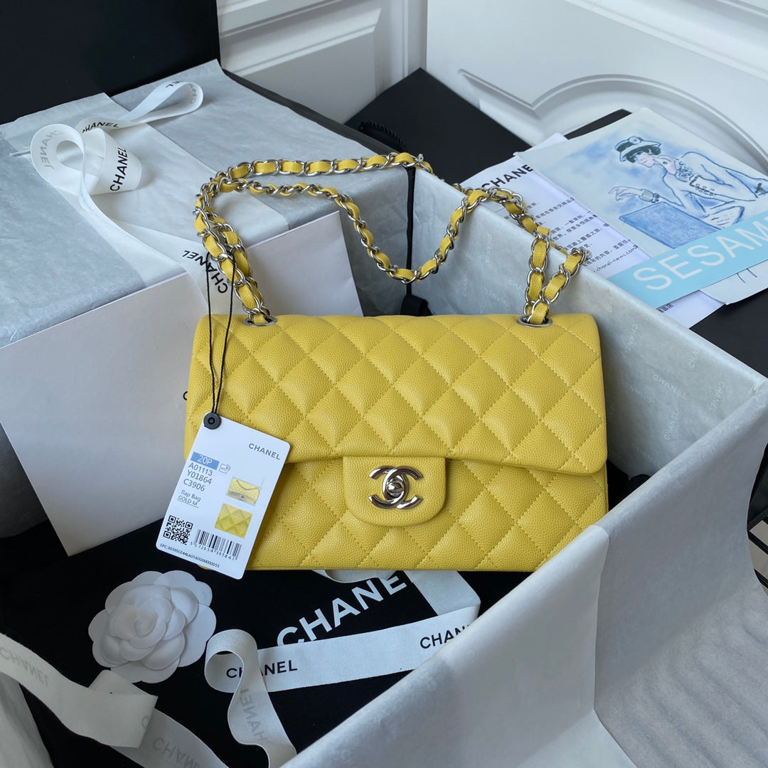CHANEL Medium Classic Flap Bag 23cm Yellow Caviar Silver Hardware - bag