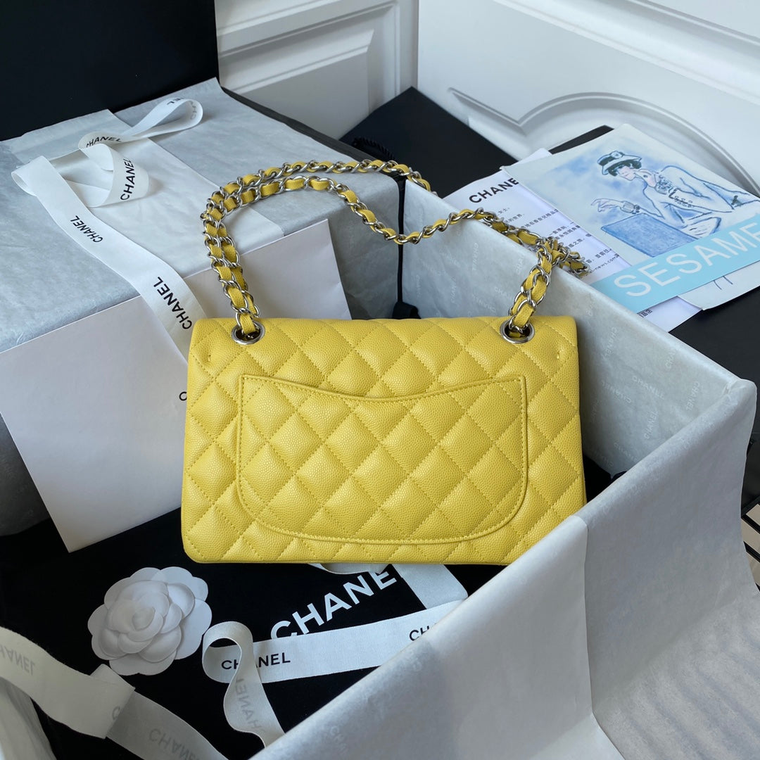 CHANEL Medium Classic Flap Bag 23cm Yellow Caviar Silver Hardware - bag