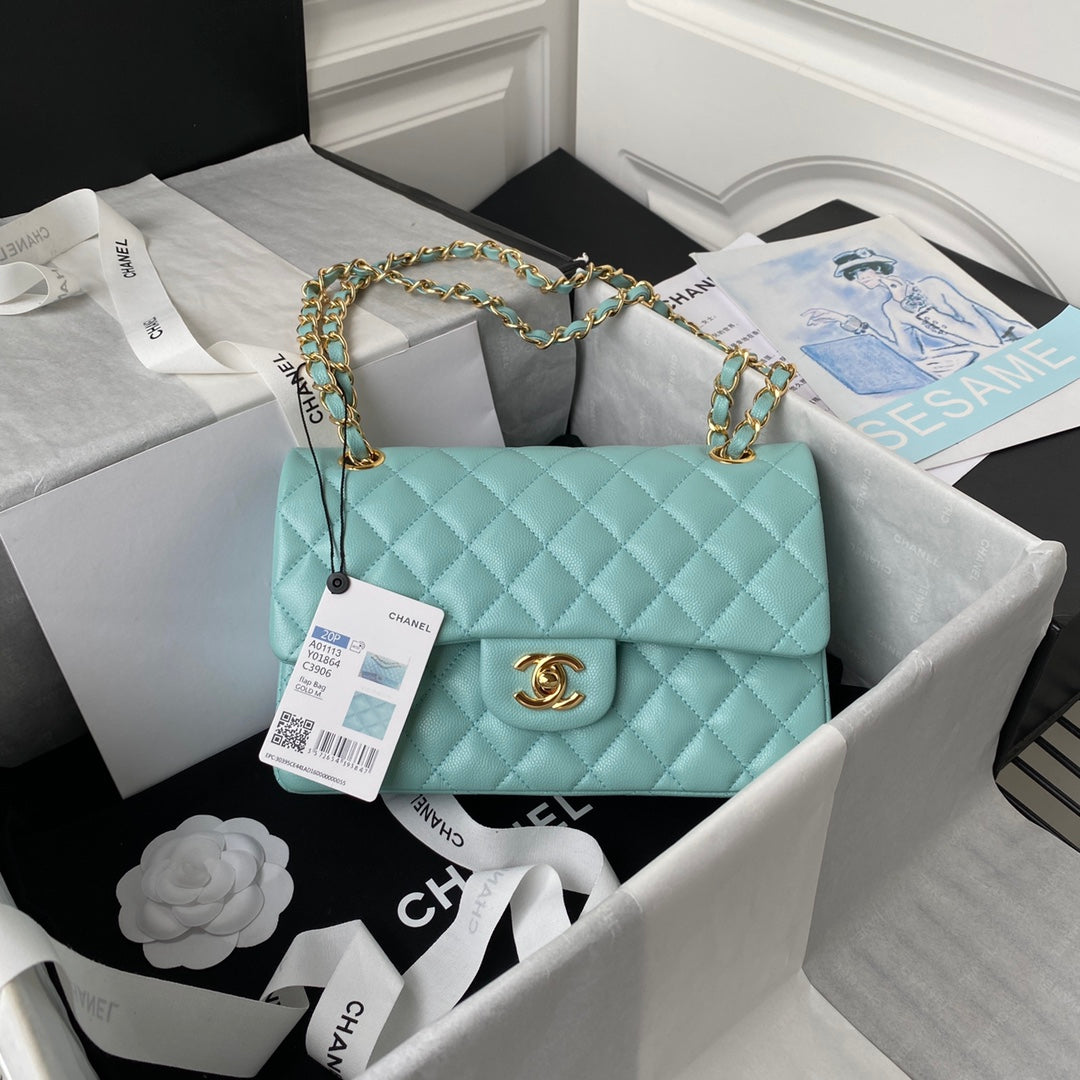 CHANEL Medium Classic Flap Bag 23cm Blue Sky Caviar Gold Hardware - bag