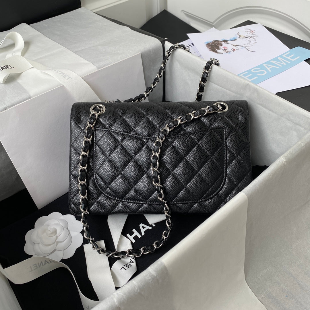 CHANEL Medium Classic Flap Bag 23cm Black Caviar Silver Hardware - bag