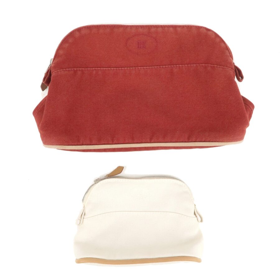 Luxury Hermes Set of 2 Bolide Pouch MM & Mini Canvas Leather Ivory Red | Studio Nafay