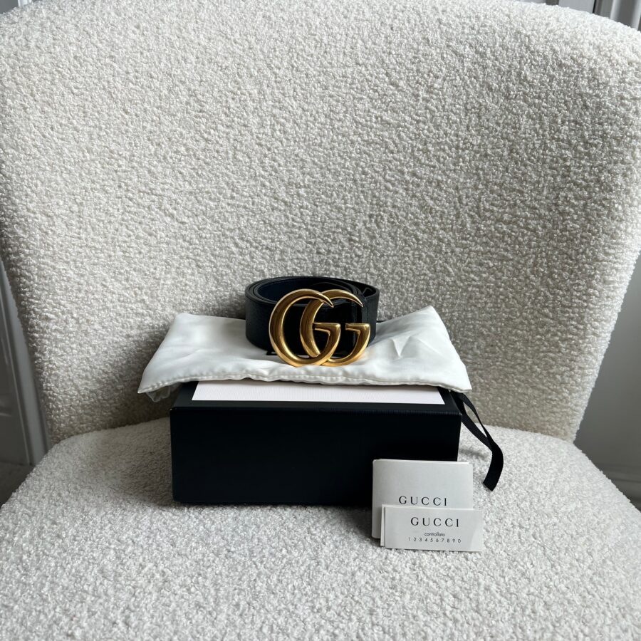 Gucci GG Marmont Black Wide Leather Belt with Shiny Gold Buckle (RRP £410) | Studio Nafay