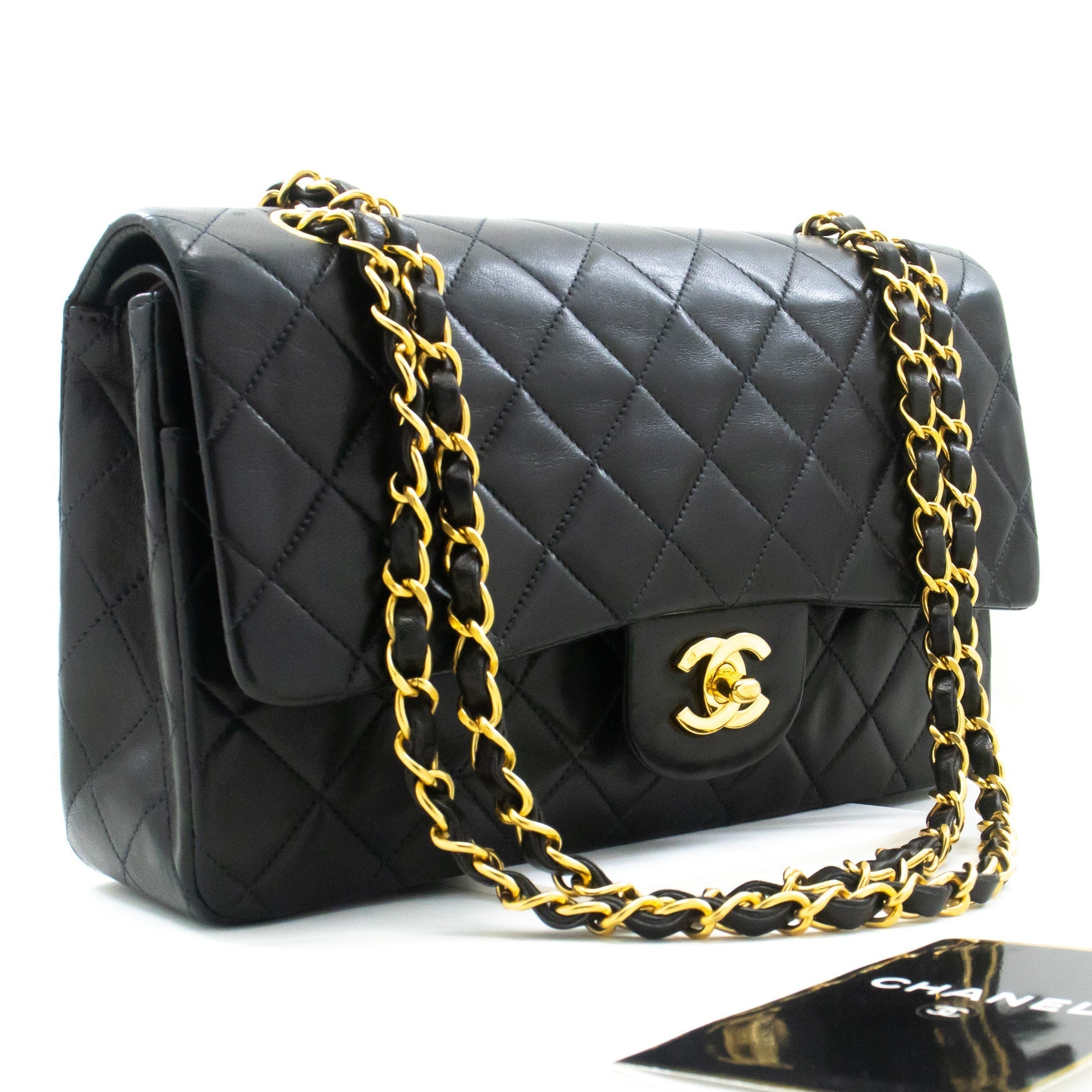 CHANEL Classic Double Flap 10″ Chain Shoulder Bag Black Lambskin