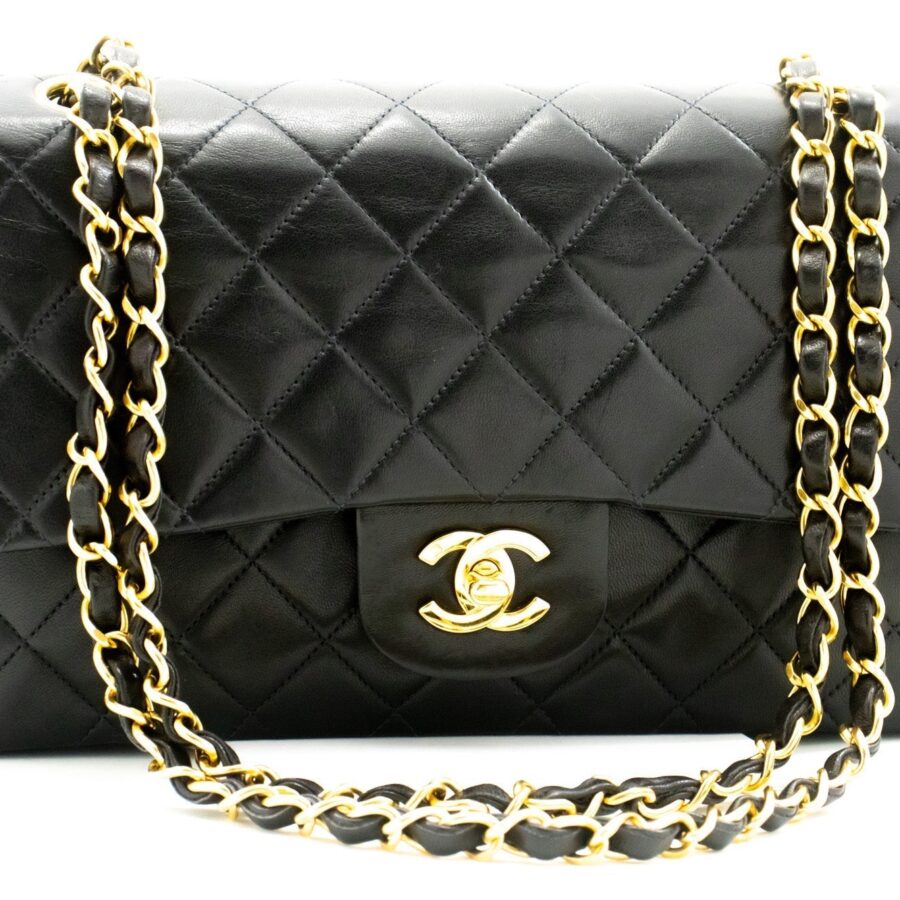 CHANEL Classic Double Flap 10" Chain Shoulder Bag Black Lambskin | Studio Nafay
