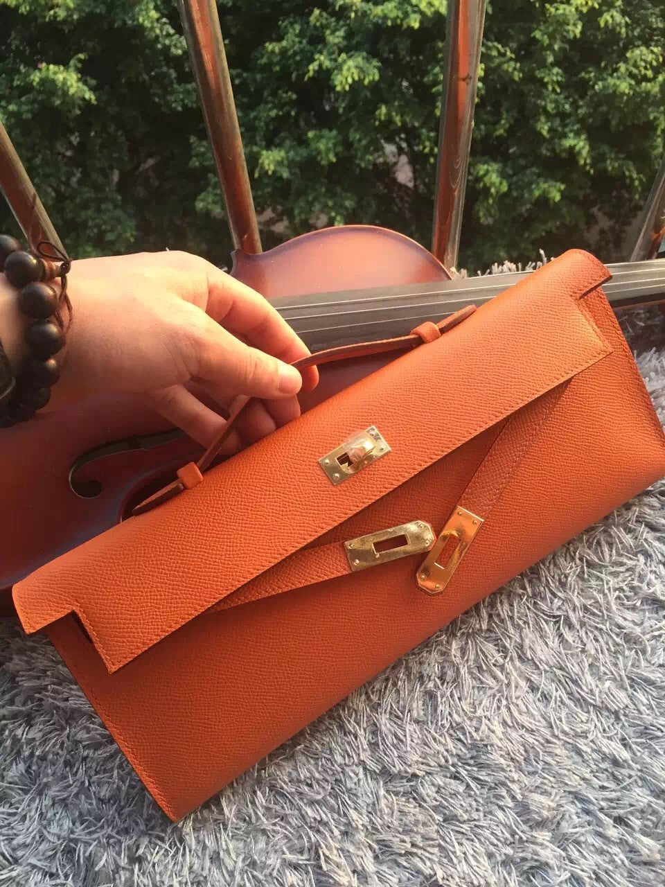 Luxury Hermes Orange Handcrafted Kelly Cut Clutch