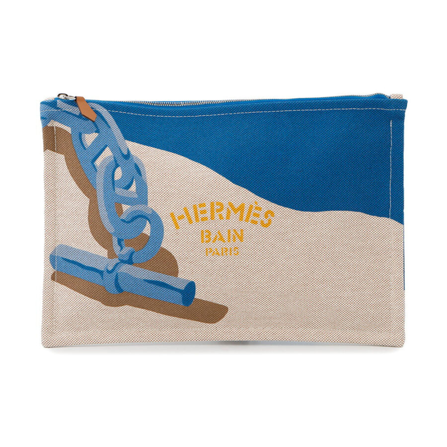 HERMES Chaine d'Ancre Yachting Flat Pouch Beige/Blue Cotton100% | Studio Nafay