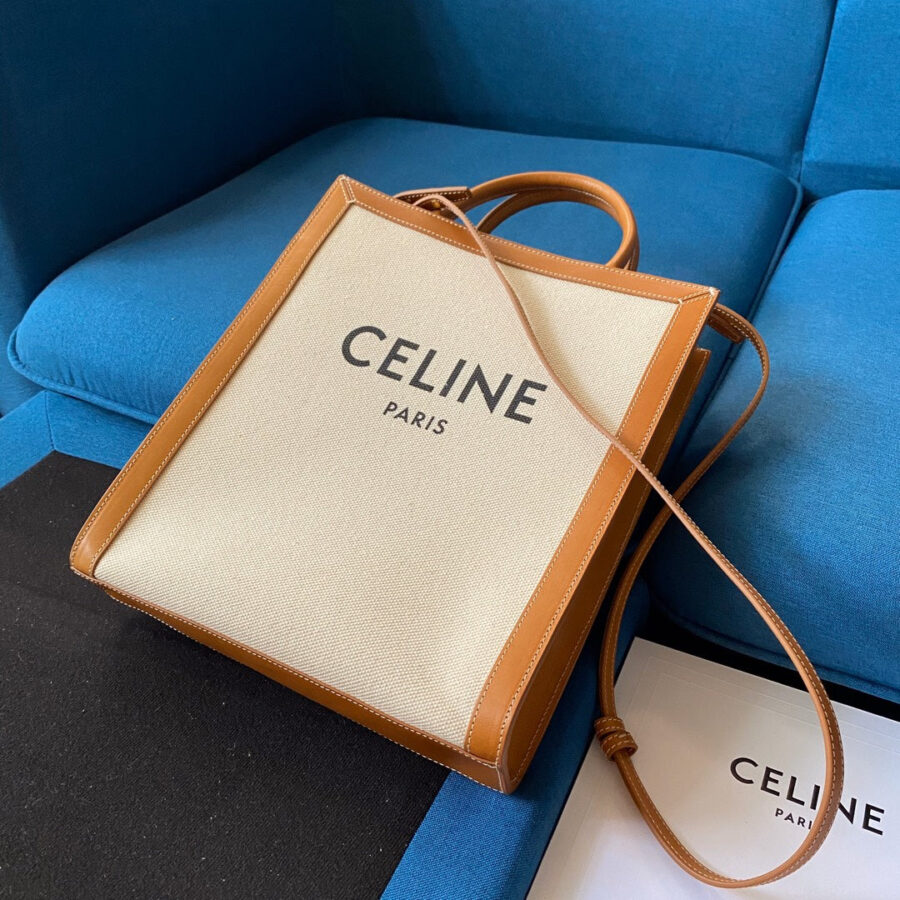 VERTICAL TOTE BAG 33 WHITE BROWN CANVAS AND CALFSKIN | Studio Nafay