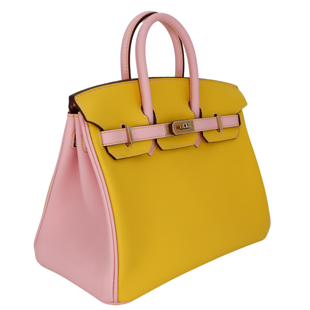 Hermes25cm Birkin HSS Jaune de Naples/ Mauve Swift Leather Permabrass Hardware