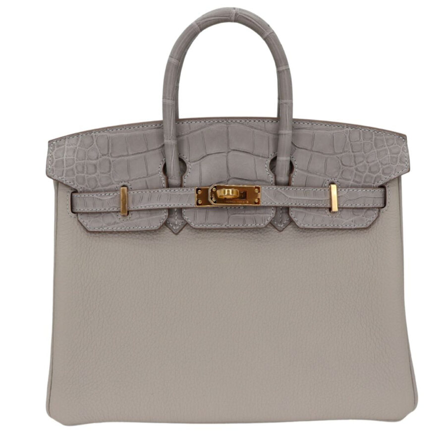Hermes25cm Birkin Touch Gris Perle Togo/ Matte Alligator Gold Hardware | Studio Nafay