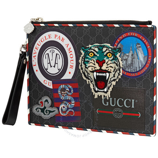Gucci Night Courrier Large Wrist Pouch GG Supreme Canvas Clutch- Black-Grey | Studio Nafay
