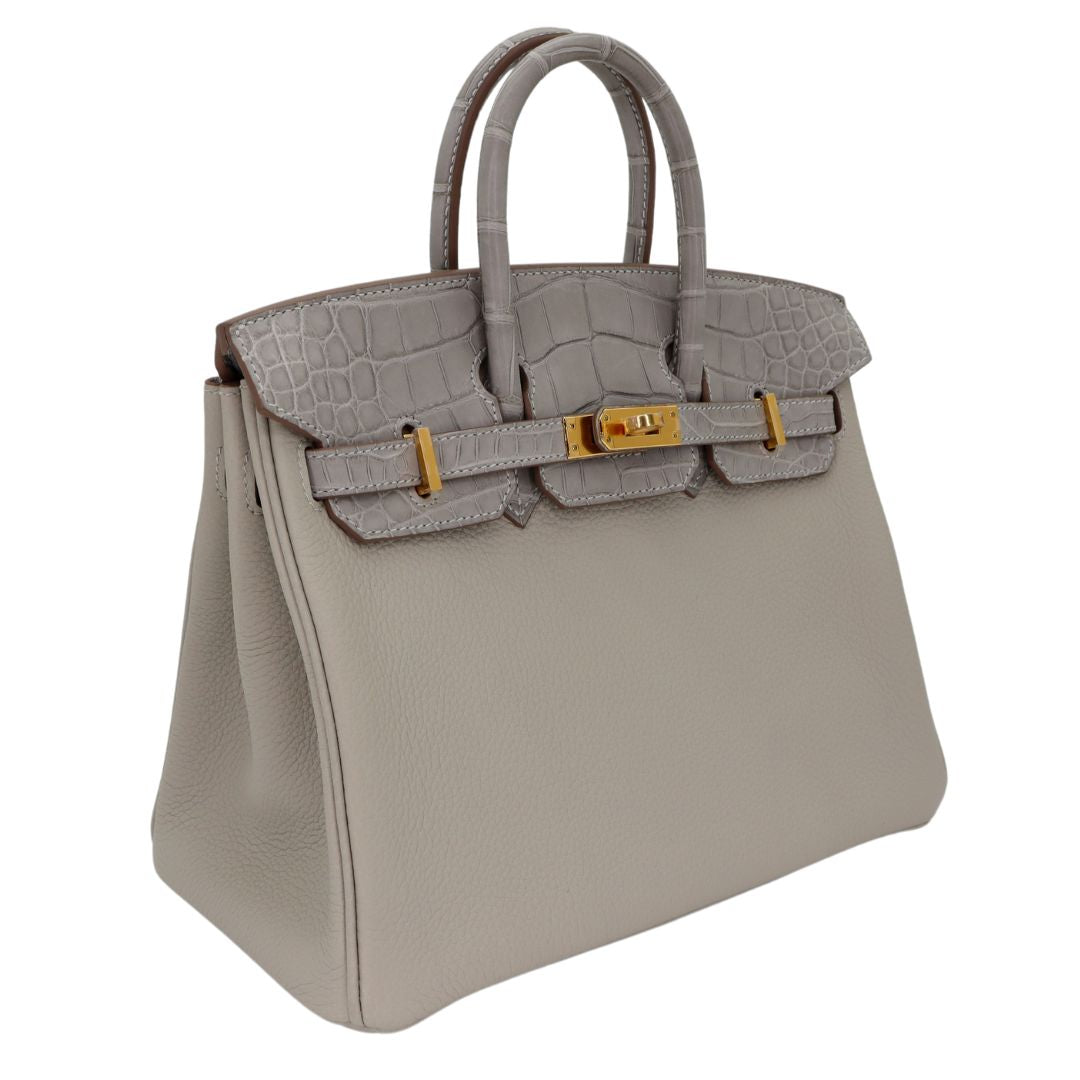 Hermes25cm Birkin Touch Gris Perle Togo/ Matte Alligator Gold Hardware