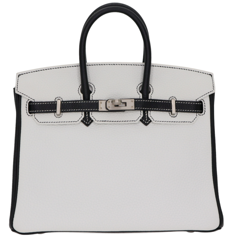 Hermes25cm Birkin HSS White/ Black Clemence Leather Brushed Palladium Hardware | Studio Nafay