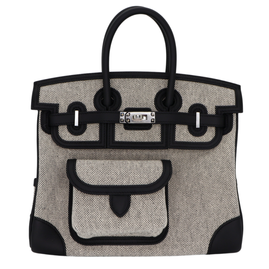 Hermes25cm Birkin Cargo Ecru/ Black Canvas/ Swift Leather Palladium Hardware | Studio Nafay