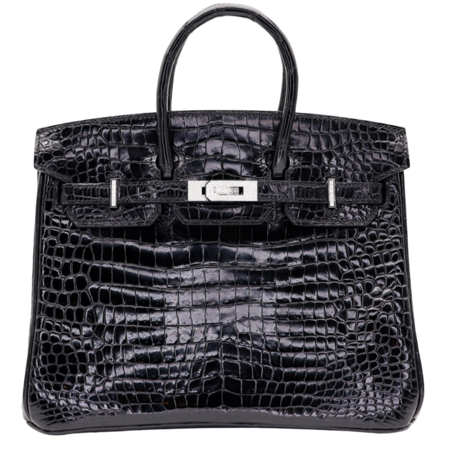 Hermes25cm Birkin Black Shiny Porosus Crocodile Diamond Hardware | Studio Nafay