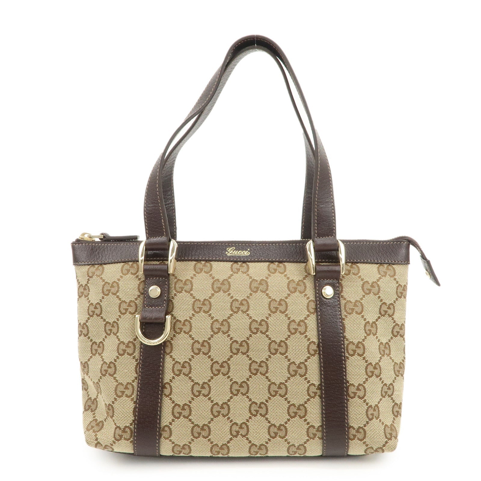 GUCCI Abbey GG Canvas Leather Tote Bag Beige Dark Brown 141471
