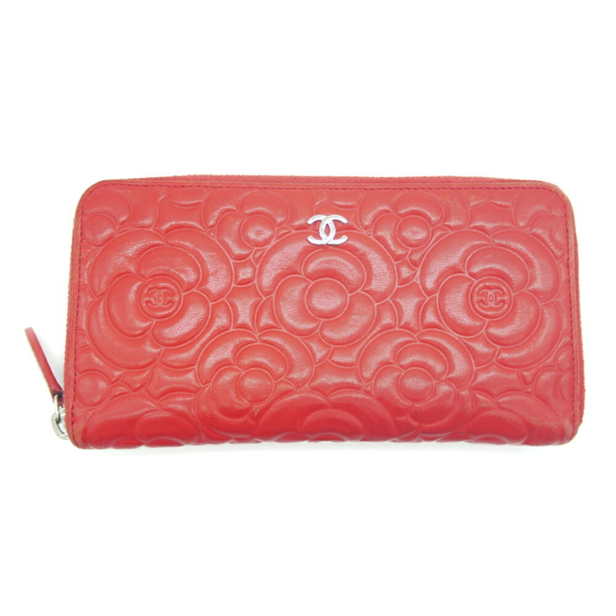 CHANEL camellia embossed round long wallet lambskin red