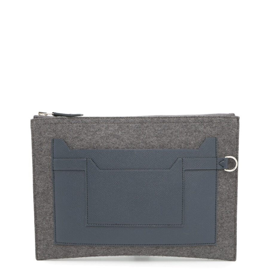 Hermes Gray Navy Felt Epsom Leather Clutch Bag ( ) | Studio Nafay