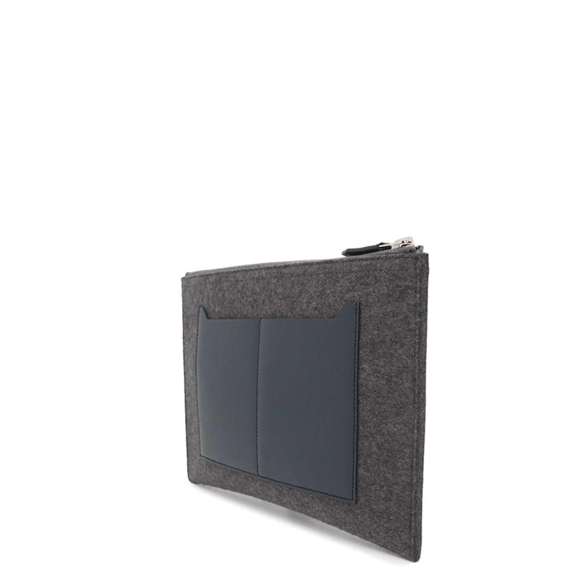 Hermes Gray Navy Felt Epsom Leather Clutch Bag ( )