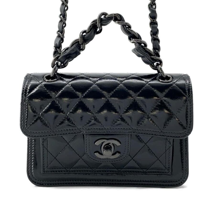 Chanel Chain Shoulder Bag Matelasse Coco Mark Shiny Calf Leather CHANEL Black | Studio Nafay