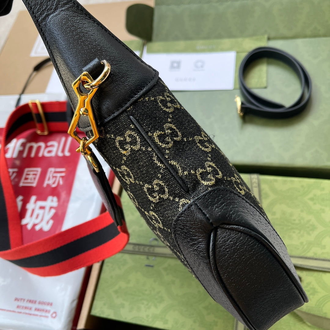 JACKIE SHOULDER BAG 28 IN BLACK YELLOW DENIM AND BLACK CALFSKIN TRIM GOLD HARDWARE