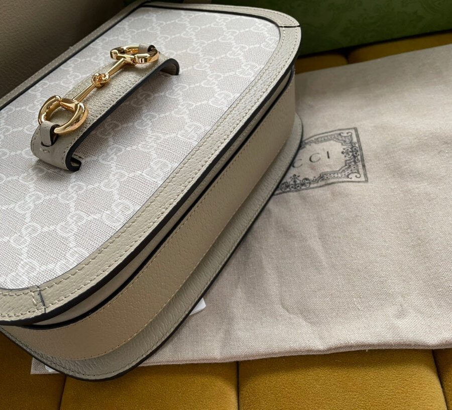 GG HORSEBIT SADDLE BAG 25 IN WHITE CANVAS AND BEIGE CALFSKIN | Studio Nafay