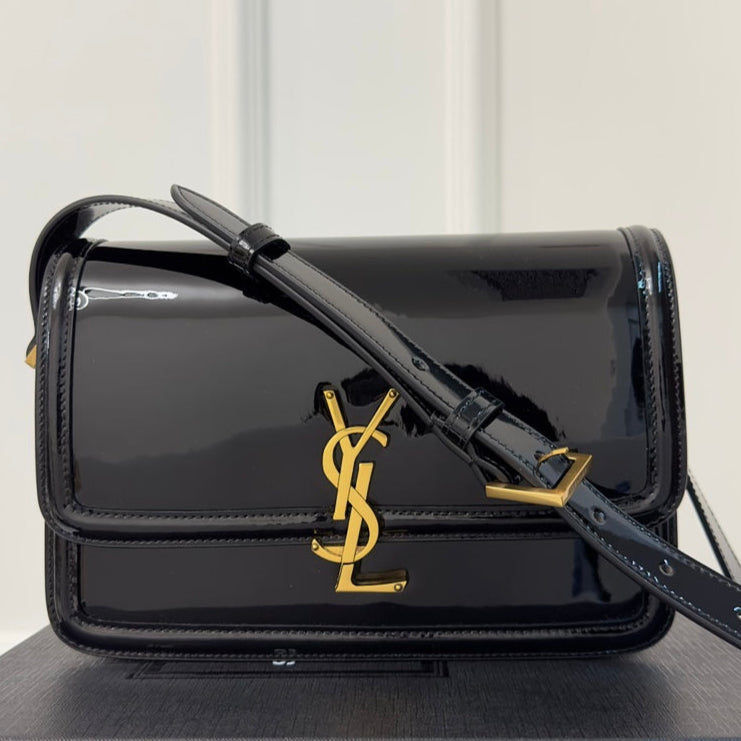 YSL Solferino Small Satchel Bag Black Gold Patent Leather 339430 | Studio Nafay
