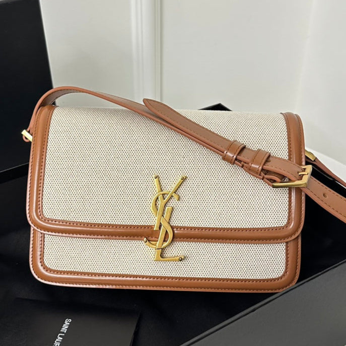 YSL Solferino Small Satchel Bag Brown Beige Gold Calfskin Canvas 339479 | Studio Nafay