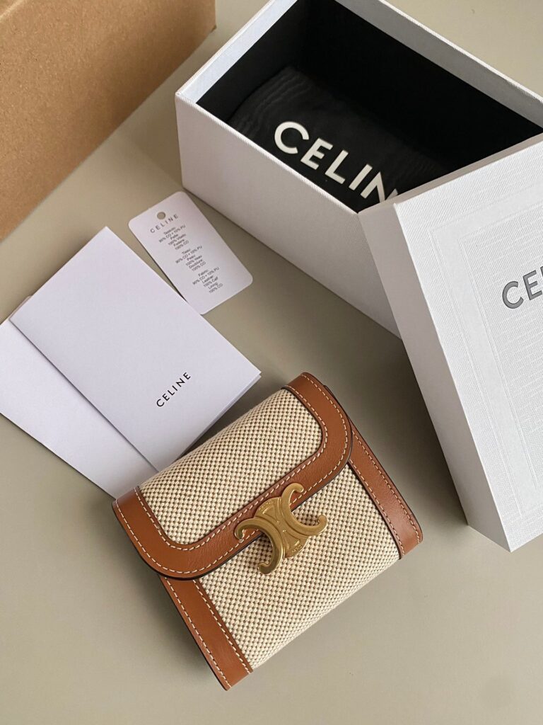 TRIPHOME 10 TRIFOLD WALLET CALFSKIN AND CANVAS WHITE BROWN - Product Image 2