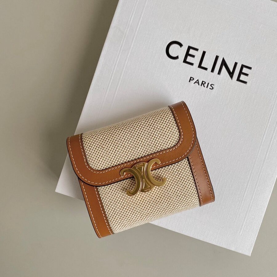 TRIPHOME 10 TRIFOLD WALLET CALFSKIN AND CANVAS WHITE BROWN | Studio Nafay