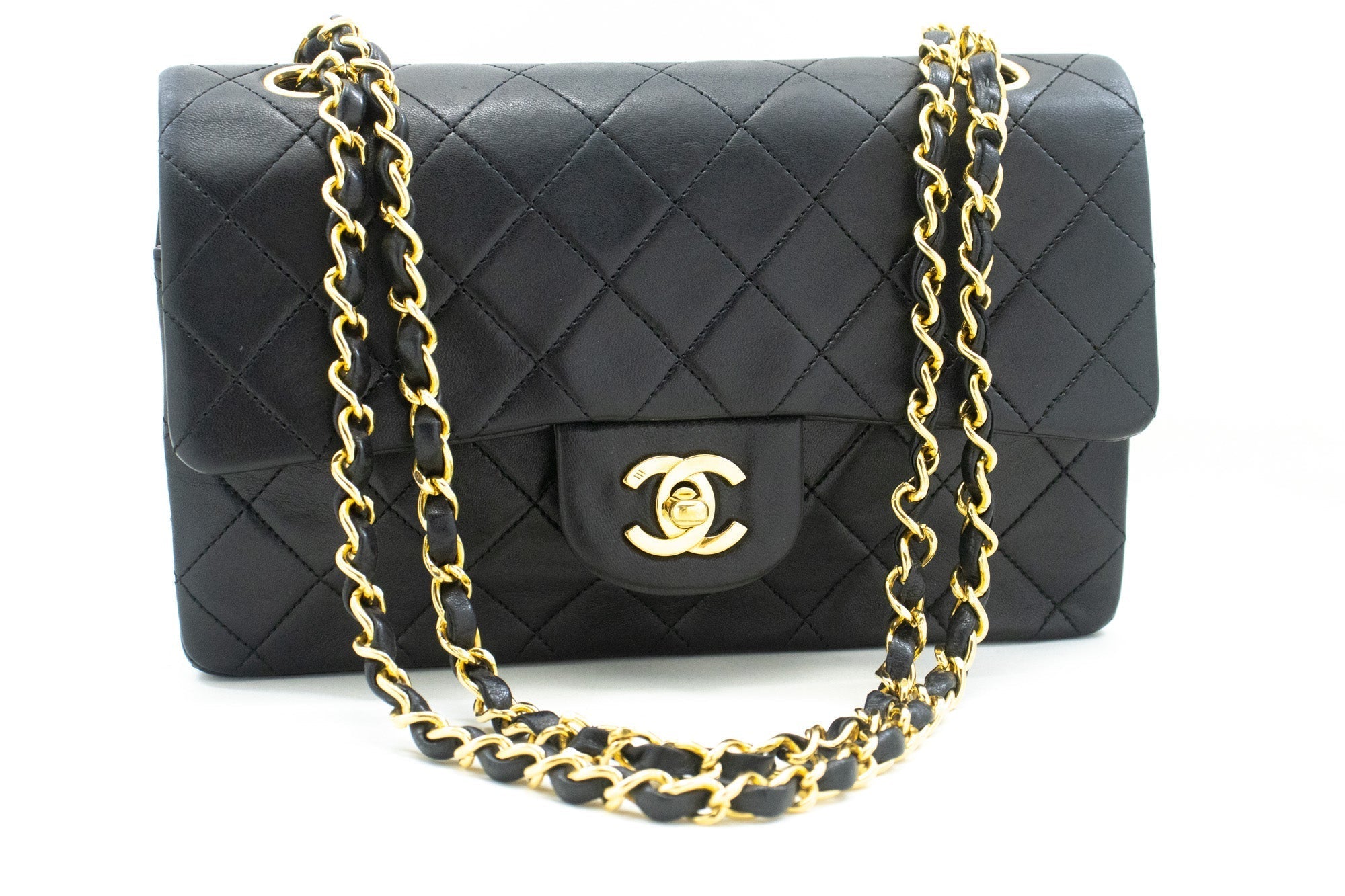 CHANEL Classic Double Flap 9″ Chain Shoulder Bag Black Lambskin