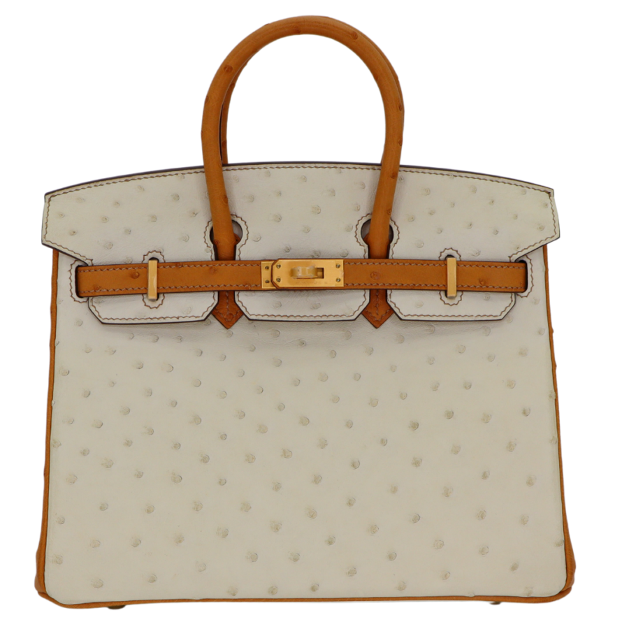 Hermes25cm Birkin HSS Beton/ Cognac Ostrich Brushed Gold Hardware | Studio Nafay