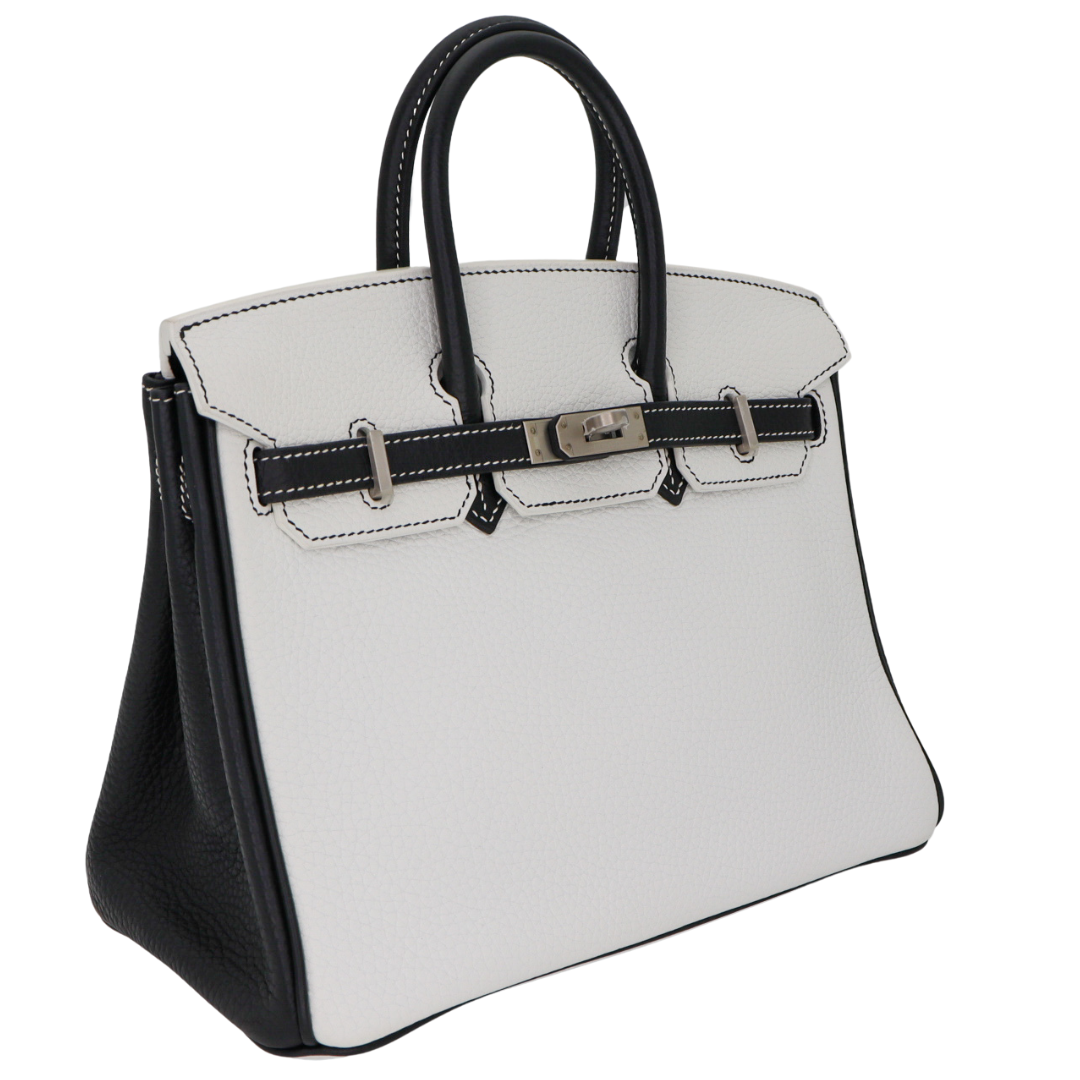 Hermes25cm Birkin HSS White/ Black Clemence Leather Brushed Palladium Hardware