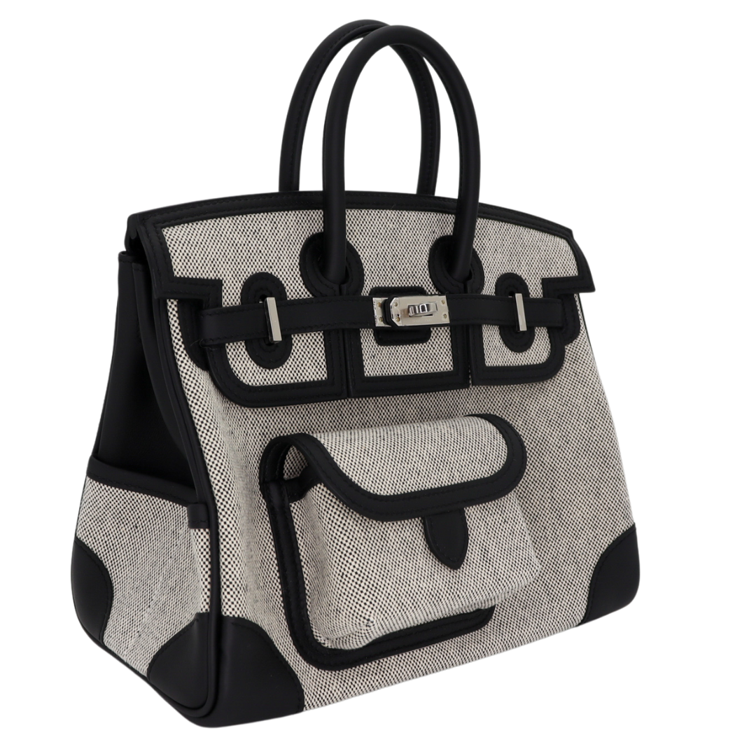 Hermes25cm Birkin Cargo Ecru/ Black Canvas/ Swift Leather Palladium Hardware