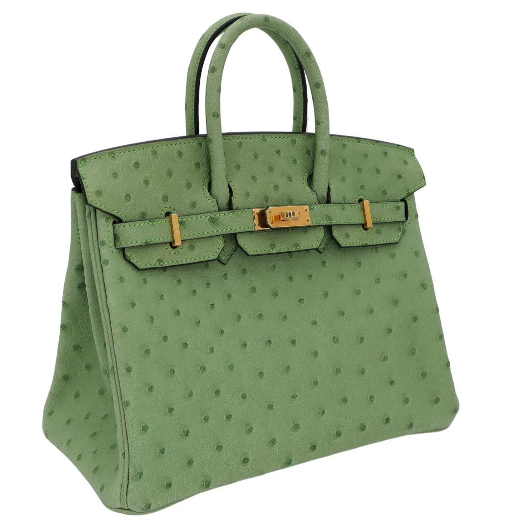 Hermes25cm Birkin Vert Criquet Ostrich Gold Hardware