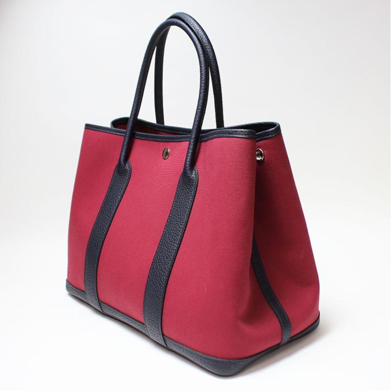 Luxury Hermes Rouge Moyen Garden Party Leather PM Toile Tote ( )