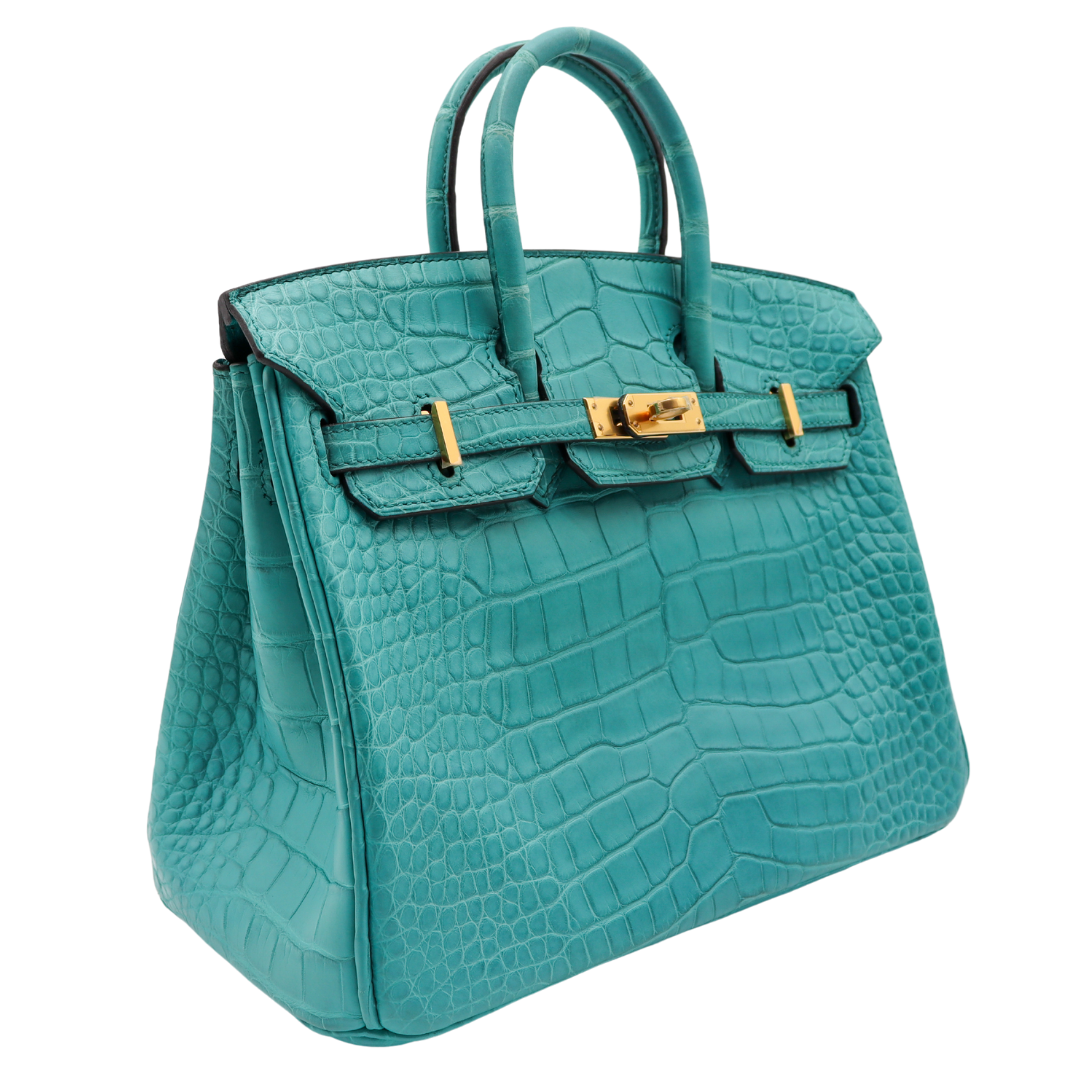 Hermes25cm Birkin Bleu Paon Matte Alligator Gold Hardware