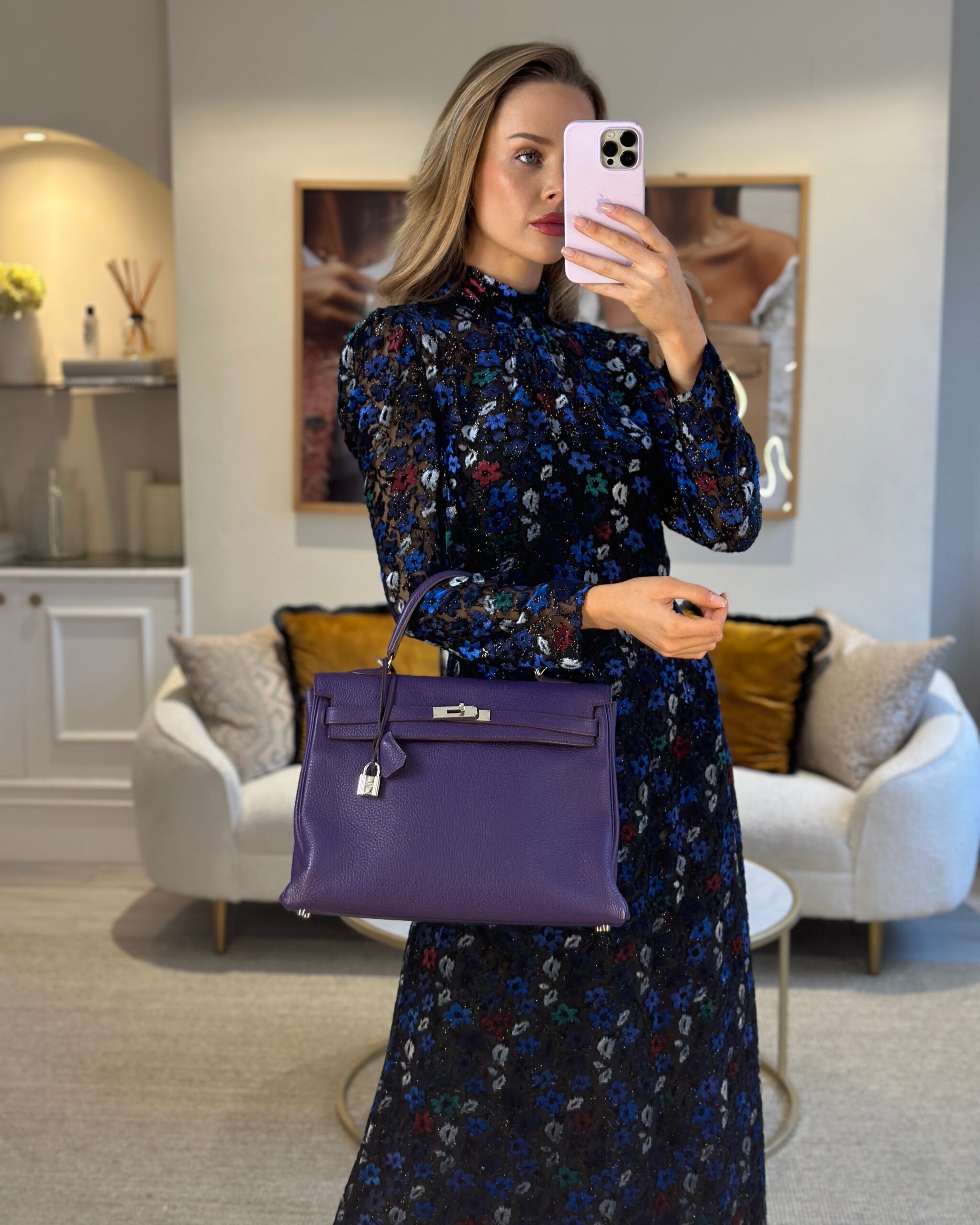 Hermes Kelly 35 Retourne Bag in Iris Togo Leather with Palladium Hardware