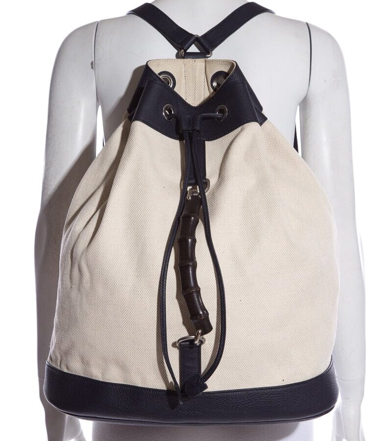 Gucci Canvas & Navy Bamboo Detail Bucket Backpack | Studio Nafay